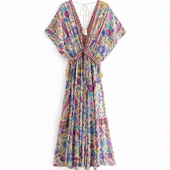 Bohemian dress floral beach maxi tie v-neck flow peacock summer multicolor rope - Picture 5 of 7